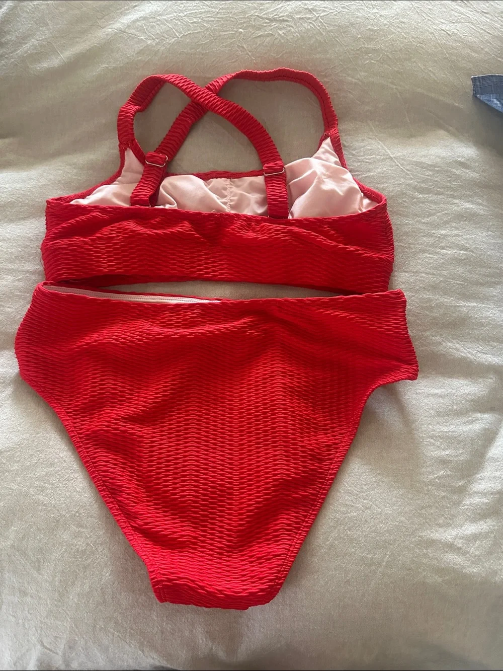 Red Textured High-Waist Bikini Set - Women Swim